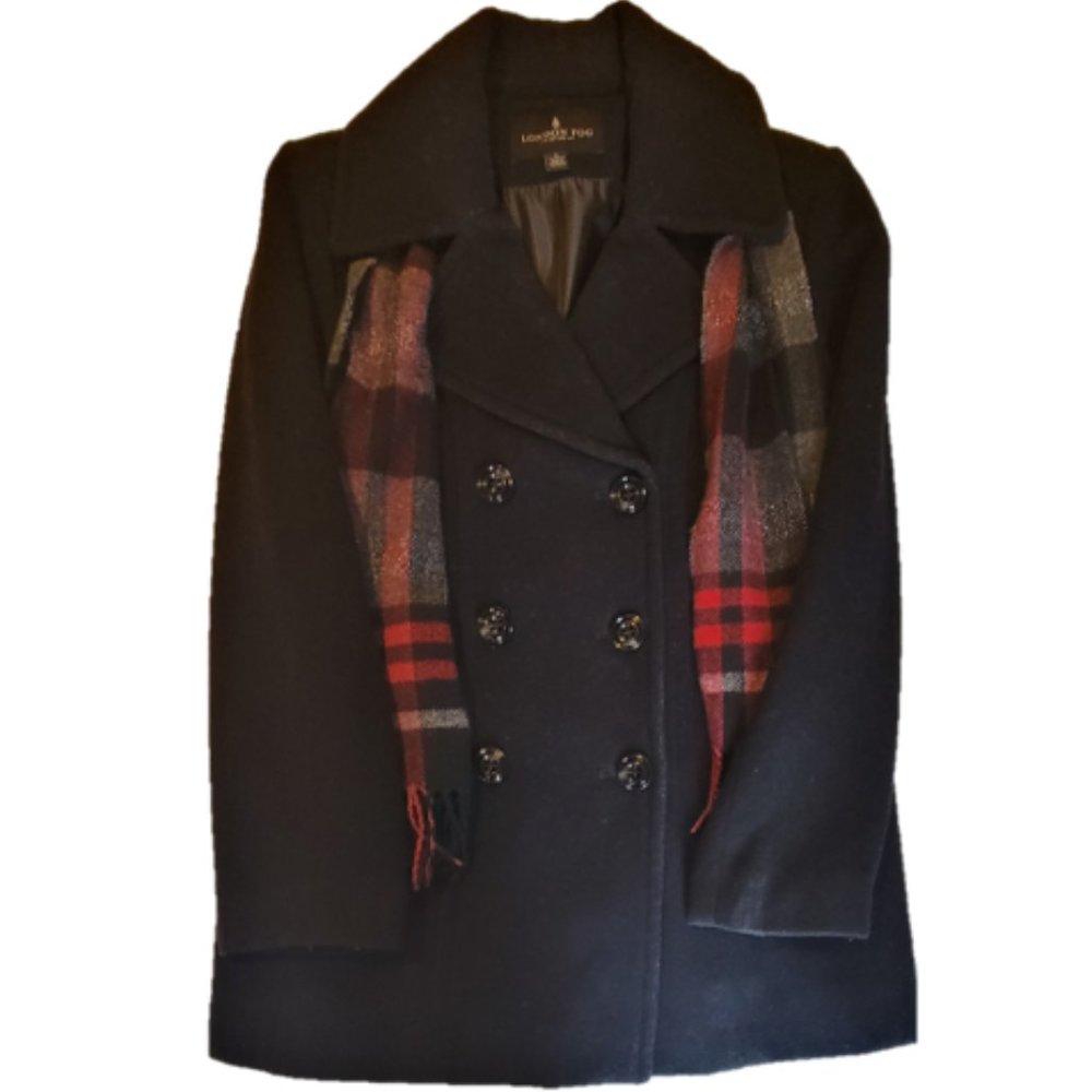 London Fog Black Wool Blend Double Breast Peacoat with Scarf Size Large